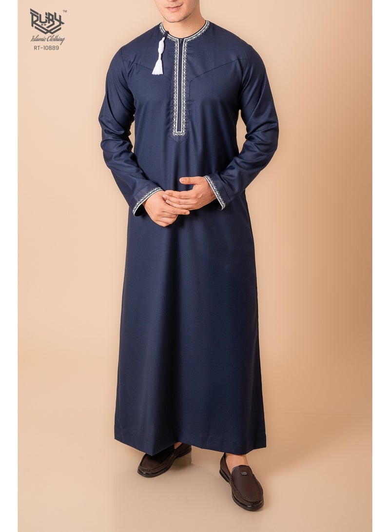RUBY ISLAMIC CLOTHING Navy blue Omani/Emirati Dishdasha – Men's Omani/Emirati Style Thobe Kandura Classic - Full-Length Long Sleeve Islamic Jubbah - Image 2