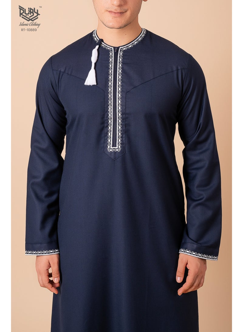 RUBY ISLAMIC CLOTHING Navy blue Omani/Emirati Dishdasha – Men's Omani/Emirati Style Thobe Kandura Classic - Full-Length Long Sleeve Islamic Jubbah - Image 5
