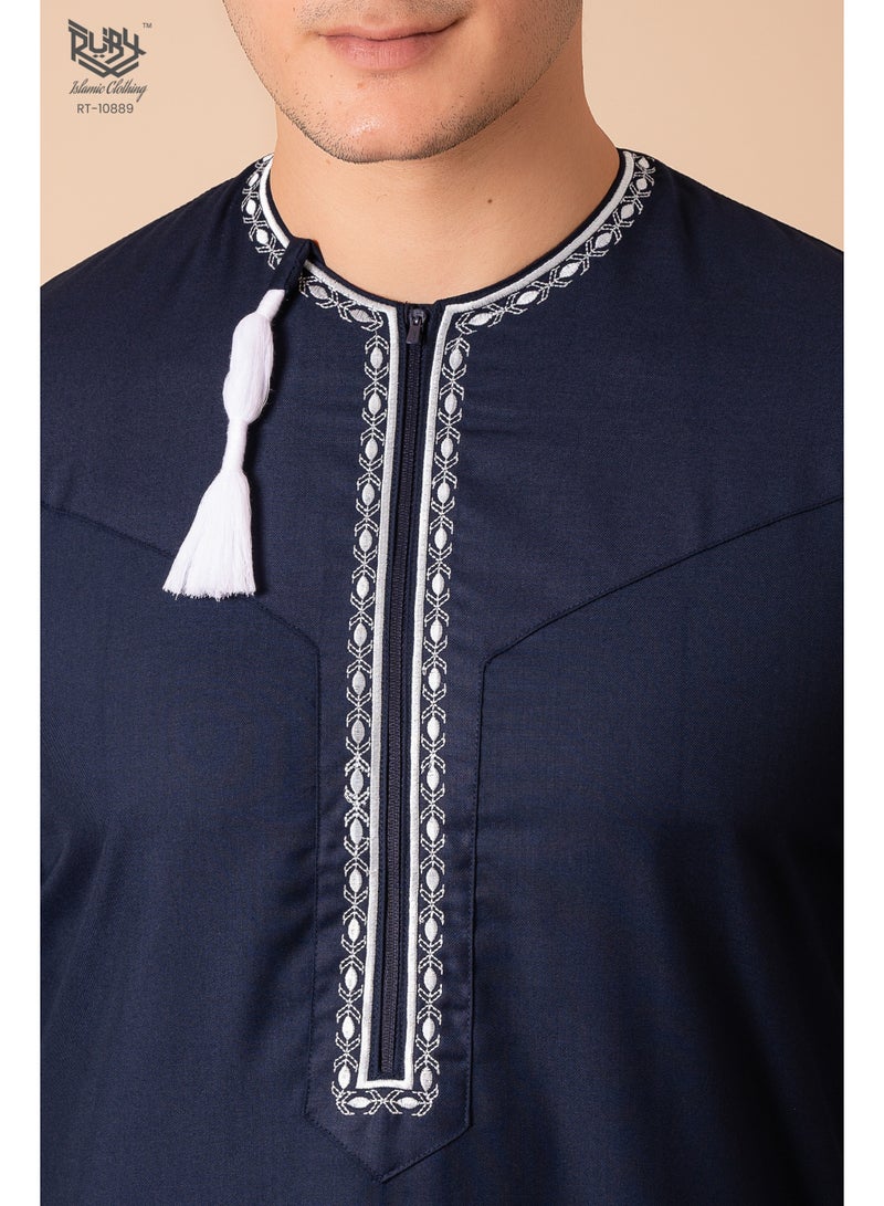 RUBY ISLAMIC CLOTHING Navy blue Omani/Emirati Dishdasha – Men's Omani/Emirati Style Thobe Kandura Classic - Full-Length Long Sleeve Islamic Jubbah - Image 3