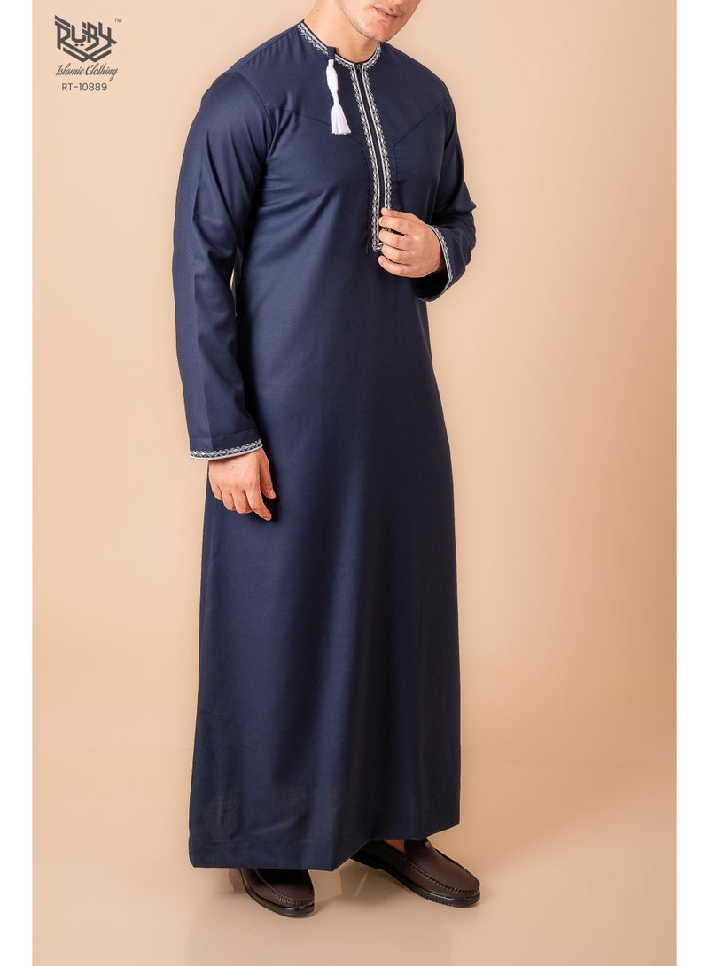 RUBY ISLAMIC CLOTHING Navy blue Omani/Emirati Dishdasha – Men's Omani/Emirati Style Thobe Kandura Classic - Full-Length Long Sleeve Islamic Jubbah - Image 4