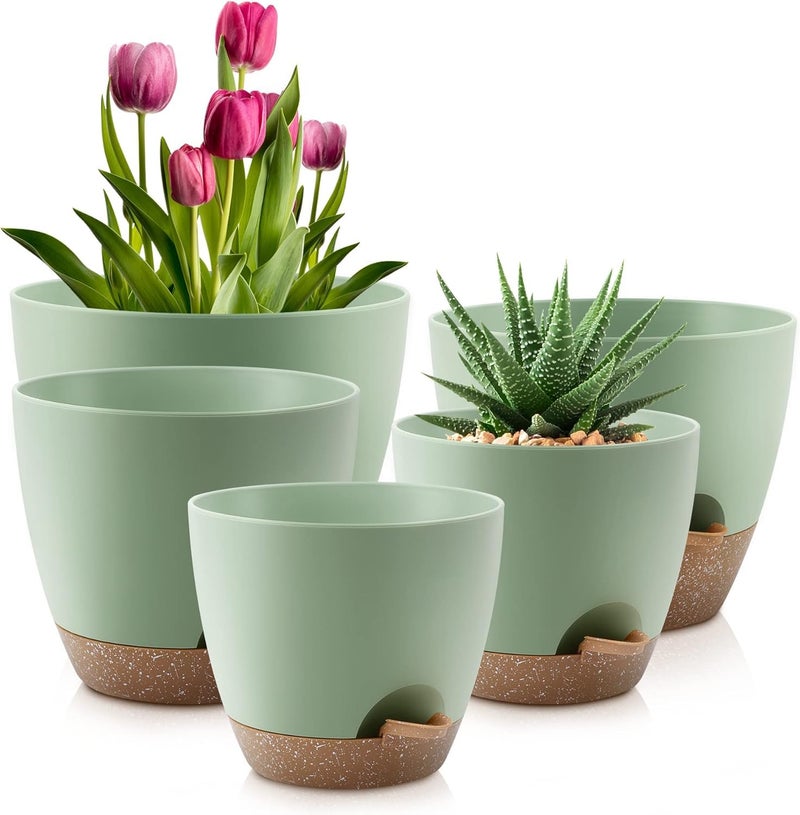 INKULTURE Flower Pot for Indoor Plants – Self Watering Plant Pot Set of 5, Multi Size Plastic Planter with Drainage Hole & Watering Lip (7/6.5/6/5.5/5 Inch) Green | Pots for Home, Office & Succulents - Image 1