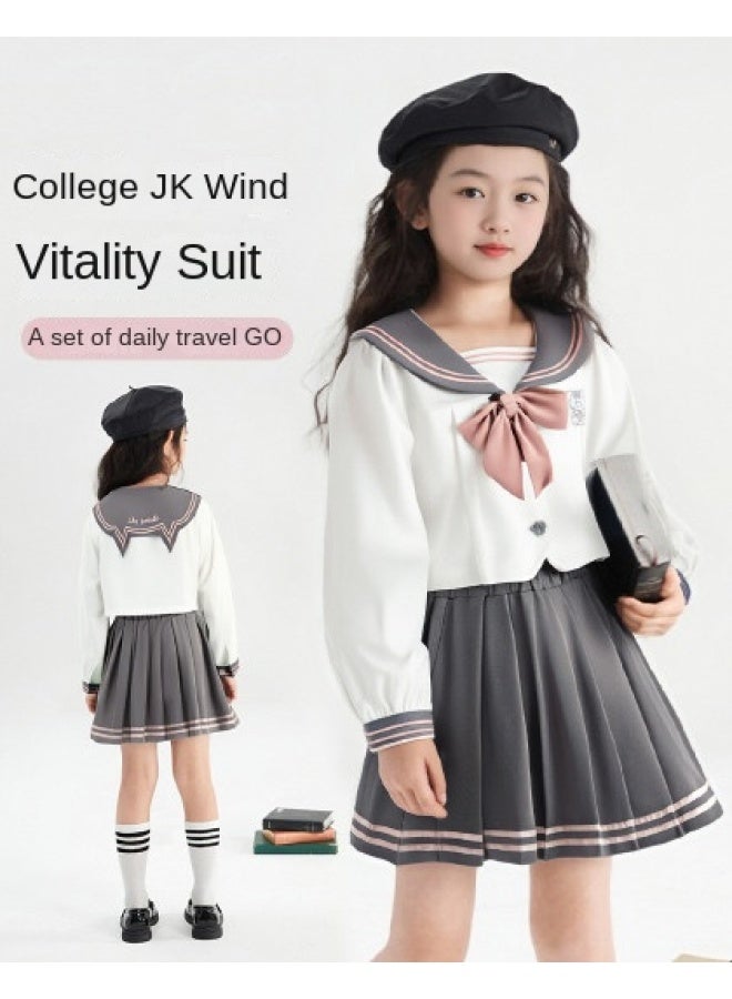 abckids Cute School Style】girls' Set 2025 Autumn Collection, Mid-to-large Kids Sailor Collar T-shirt And Skirt Jk Outfit - Image 1