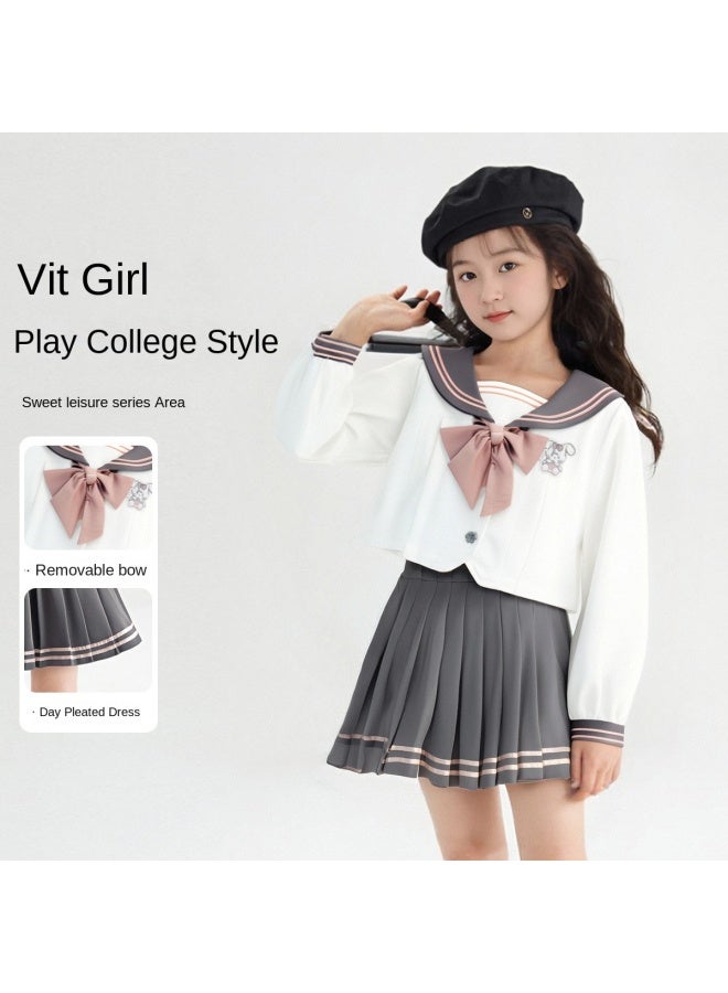 abckids Cute School Style】girls' Set 2025 Autumn Collection, Mid-to-large Kids Sailor Collar T-shirt And Skirt Jk Outfit - Image 3