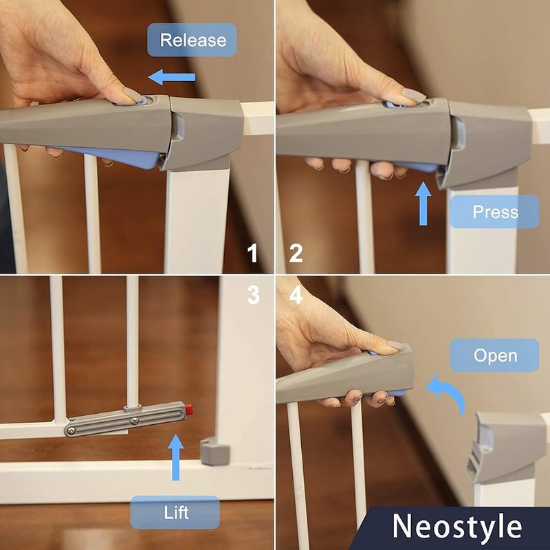 NeoStyle Auto Close Safety Baby Gate, Easy to Open Extra Wide Walk Thru Dog Gate with Pressure or Hardware Mount for Stairs (14cm extension) - Image 3