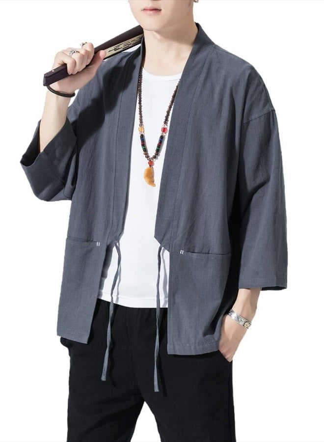 Ambcol Men's Japanese Kimono Cardigan Loose Cotton Linen 3/4 Sleeve Open Front Casual Summer Shirt Jackets 04- Grey Medium  - Image 2