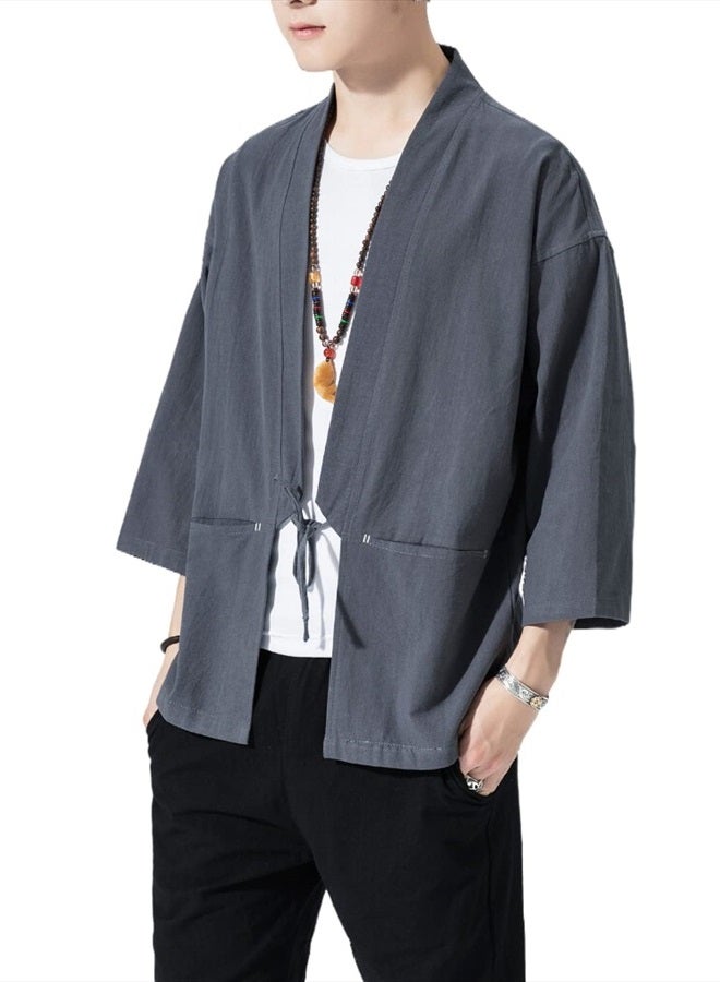 Ambcol Men's Japanese Kimono Cardigan Loose Cotton Linen 3/4 Sleeve Open Front Casual Summer Shirt Jackets 04- Grey Medium  - Image 5