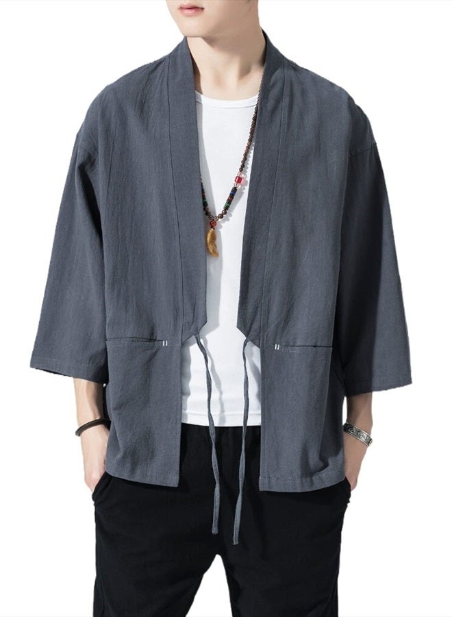 Ambcol Men's Japanese Kimono Cardigan Loose Cotton Linen 3/4 Sleeve Open Front Casual Summer Shirt Jackets 04- Grey Medium  - Image 1