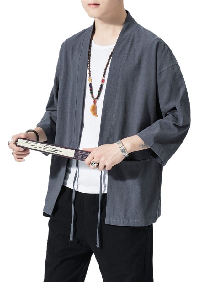 Ambcol Men's Japanese Kimono Cardigan Loose Cotton Linen 3/4 Sleeve Open Front Casual Summer Shirt Jackets 04- Grey Medium  - Image 3