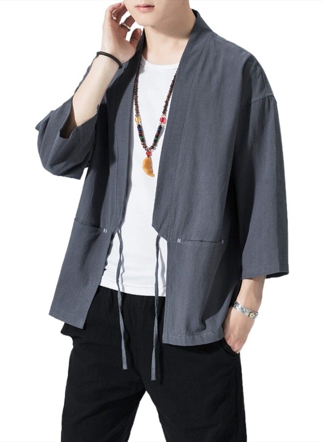 Ambcol Men's Japanese Kimono Cardigan Loose Cotton Linen 3/4 Sleeve Open Front Casual Summer Shirt Jackets 04- Grey Medium  - Image 4