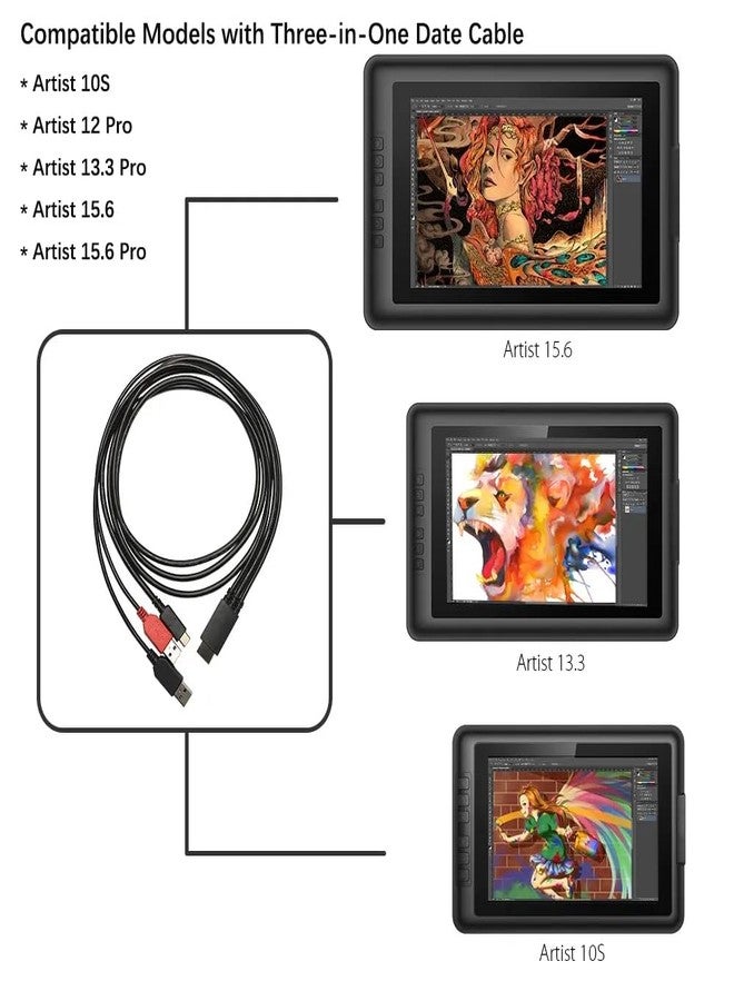 Spaseeba 3-in-1 Cable only for XP-Pen Artist10S, Artist12Pro, Artist13.3Pro, Artist15.6, Artist15.6Pro Drawing Pen Tablet - Image 3