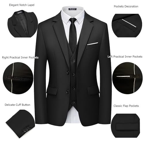 WULFUL Men's 3 Piece Slim Fit Suit Set Two Button Blazer Jacket Vest Pants Tuxedo Set for Party, Wedding and Business Black - Image 4