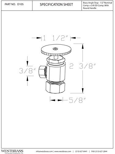 Westbrass Round Handle Angle Stop Shut Off Valve 12 Copper Pipe Inlet with 38 Compression Outlet Polished Brass D10503 - Image 3