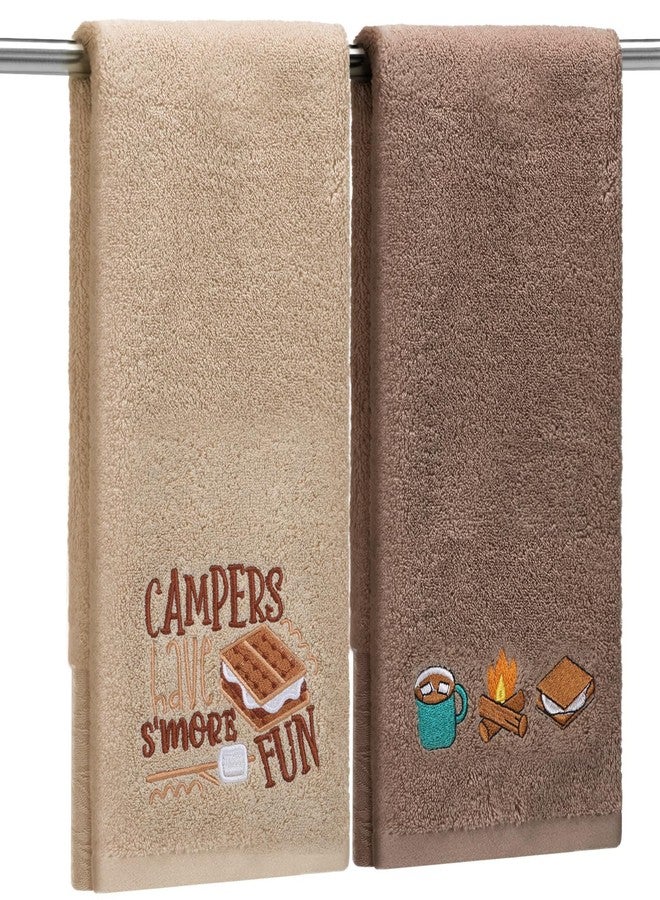 Mindsoft 2 Pack Camping Hand Towels for Bathroom 14 x 29 Inch Cotton Embroidered Farmhouse Camping Bathroom Decor Decorative Campfire Cocoa Camper Gift for Drying, Home and Hotel Decor - Image 1