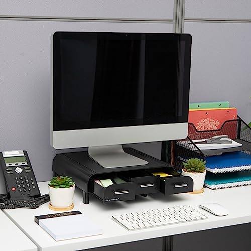 Mind Reader Monitor Stand, 3 Storage Drawers, Desktop Organizer, Riser, Office, 13.5"L x 13"W x 4"H, Set of 2, Black - Image 2