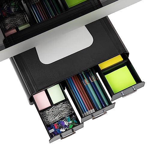 Mind Reader Monitor Stand, 3 Storage Drawers, Desktop Organizer, Riser, Office, 13.5"L x 13"W x 4"H, Set of 2, Black - Image 5
