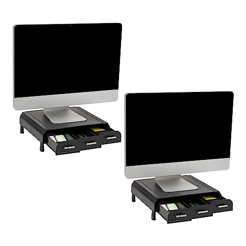 Mind Reader Monitor Stand, 3 Storage Drawers, Desktop Organizer, Riser, Office, 13.5"L x 13"W x 4"H, Set of 2, Black - Image 1