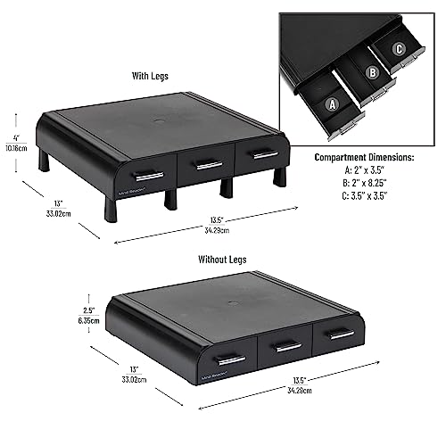Mind Reader Monitor Stand, 3 Storage Drawers, Desktop Organizer, Riser, Office, 13.5"L x 13"W x 4"H, Set of 2, Black - Image 3