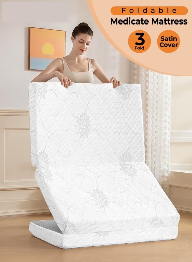 MOSH Tri-Fold Medicated Foam Mattress with Satin Cover, Portable & Multi-Functional Foldable Mattress for Lounging & Travel, 180×90×7cm (Asserted Color and Print) - Image 1