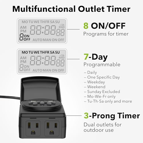 BN-LINK 7 Day Outdoor Heavy Duty Digital Programmable Timer, Outdoor Timer Outlet Waterproof, 2 Grounded Electrical Outlets for Christmas Lights, ETL Listed（2 Pack） - Image 3
