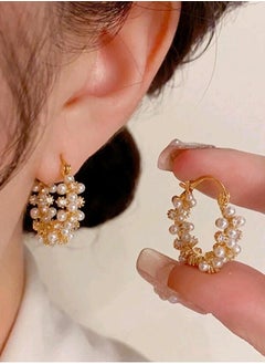 Shein 1pair Luxury Elegant Pearl Round Hoop Earrings, Unique Korean Style High-End Earrings For Women  - Image 1