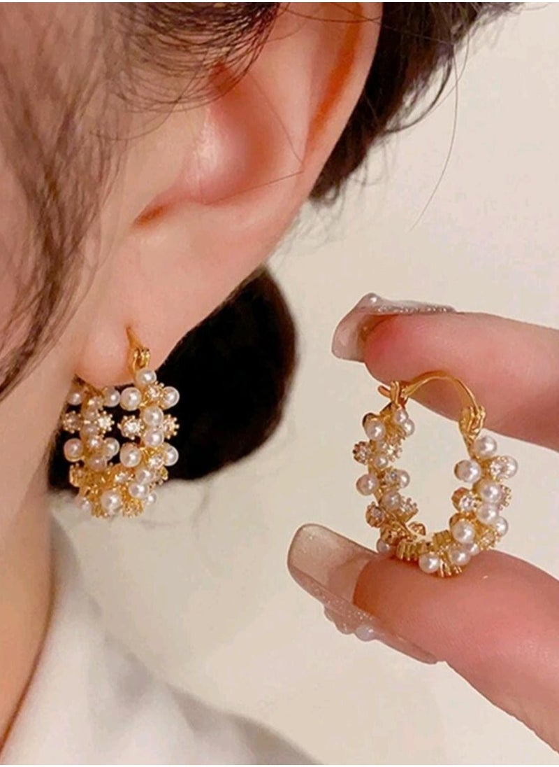 شي إن 1pair Luxury Elegant Pearl Round Hoop Earrings, Unique Korean Style High-End Earrings For Women  - Image 1