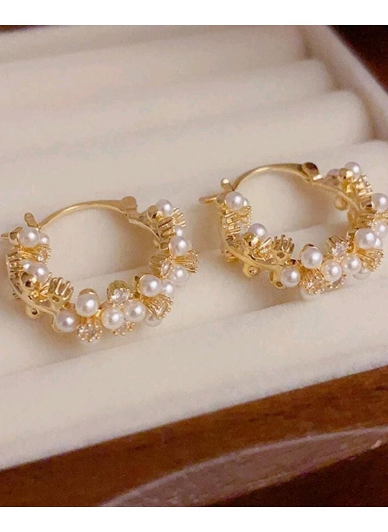 شي إن 1pair Luxury Elegant Pearl Round Hoop Earrings, Unique Korean Style High-End Earrings For Women  - Image 2