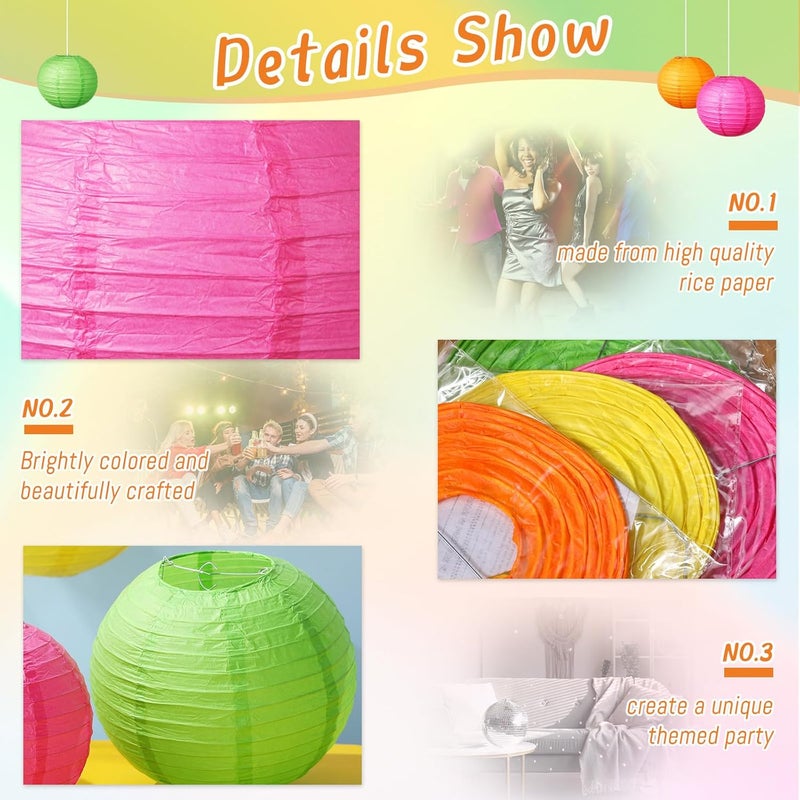 Riakrum Riakrum 16 Pcs Neon Birthday Party Decorations Colorful Paper Lanterns Mixed Size 6 8 10 12 Chinese Hanging Lanterns for Party Wedding Home Decorations Supplies  - Image 3