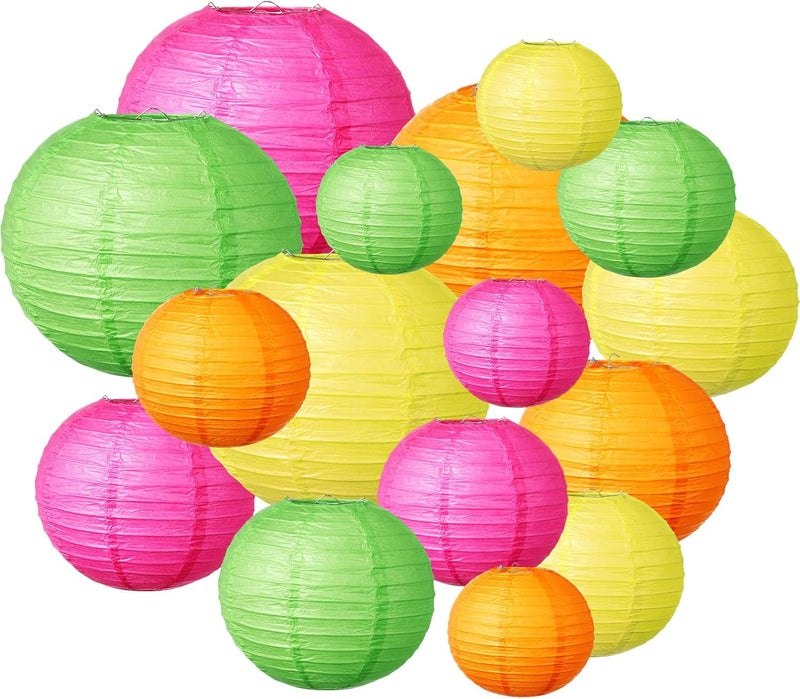 Riakrum Riakrum 16 Pcs Neon Birthday Party Decorations Colorful Paper Lanterns Mixed Size 6 8 10 12 Chinese Hanging Lanterns for Party Wedding Home Decorations Supplies  - Image 1