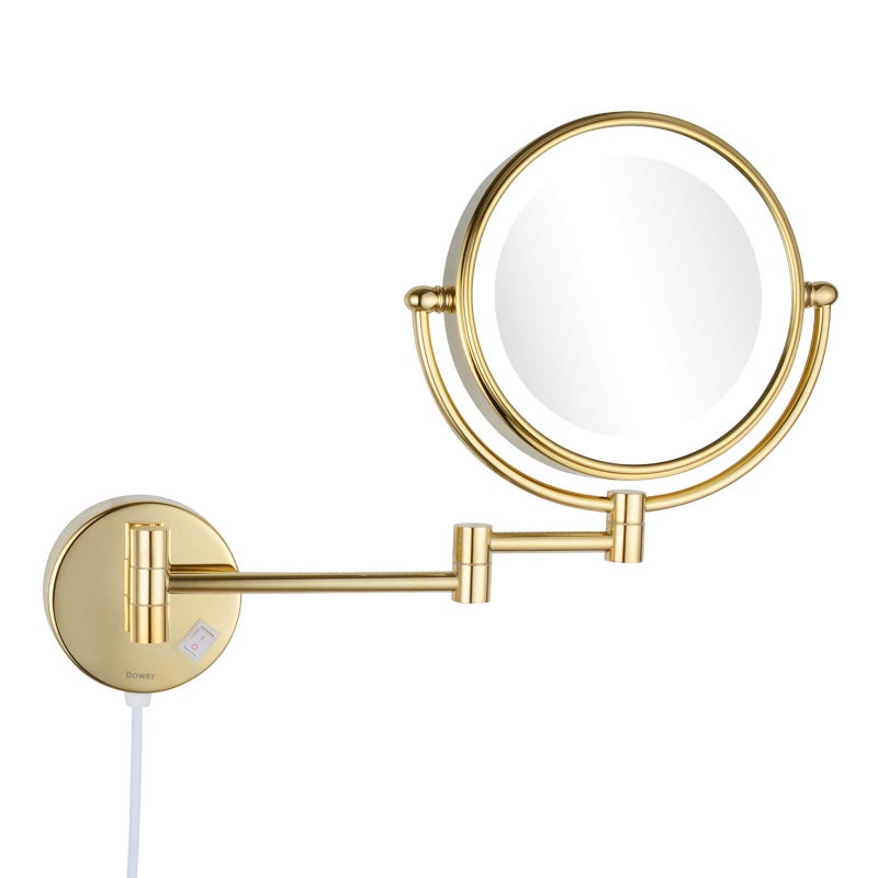 DOWRY 8 Inch Wall Mounted Vanity Makeup Mirror with LED Lighted360 Swivel DoubleSided 10X Magnification Mirror for BathroomBedroomHotelGold Finish