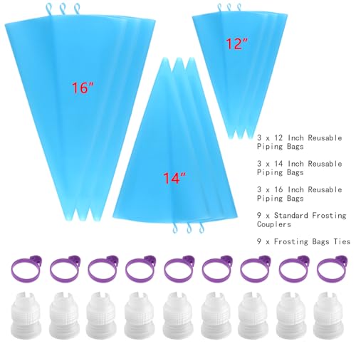 GEMLON Reusable Piping Bags Set – Silicone Pastry Bag, Icing Bag for Cake Decorating – Baking Tools Kit with 3X (12’’+14’’+16’’) Bags, 9 Tip Couplers, 9 Frosting Bag Ties, Cupcake Decorations Supplies - Image 2