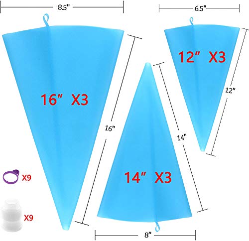 GEMLON Reusable Piping Bags Set – Silicone Pastry Bag, Icing Bag for Cake Decorating – Baking Tools Kit with 3X (12’’+14’’+16’’) Bags, 9 Tip Couplers, 9 Frosting Bag Ties, Cupcake Decorations Supplies - Image 3