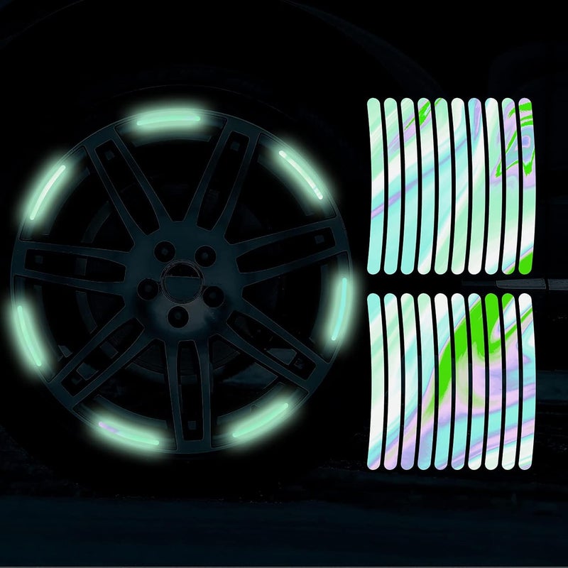 MeeTo 20 pcs 3D Reflective Wheel Tire Rim Stripe Sticker for Car Motorcycle Bike Bicycle Night Safety Decals Universal Anti-Scratch Multicolor Reflective Rim Stickers, 20 Stripes, Polyvinyl Chloride - Image 1