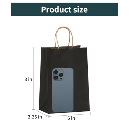 Joybe 50 Pack 5.95x3.25x8 Inch Small Black Paper Bags with Handles Bulk, Kraft Paper Gift Bags for Birthday Party Favors Grocery Retail Shopping Business Goody Merchandise Craft Blank Sacks (50pcs) - Image 2