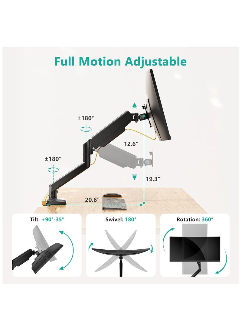 Single Monitor Mount, Gas Spring Monitor Arm for 17-34 inch Screens, Adjustable Computer Monitor Stand up to 26.4lbs, with Clamp and Grommet Base, Mounting Holes 75 and 100mm - Image 3