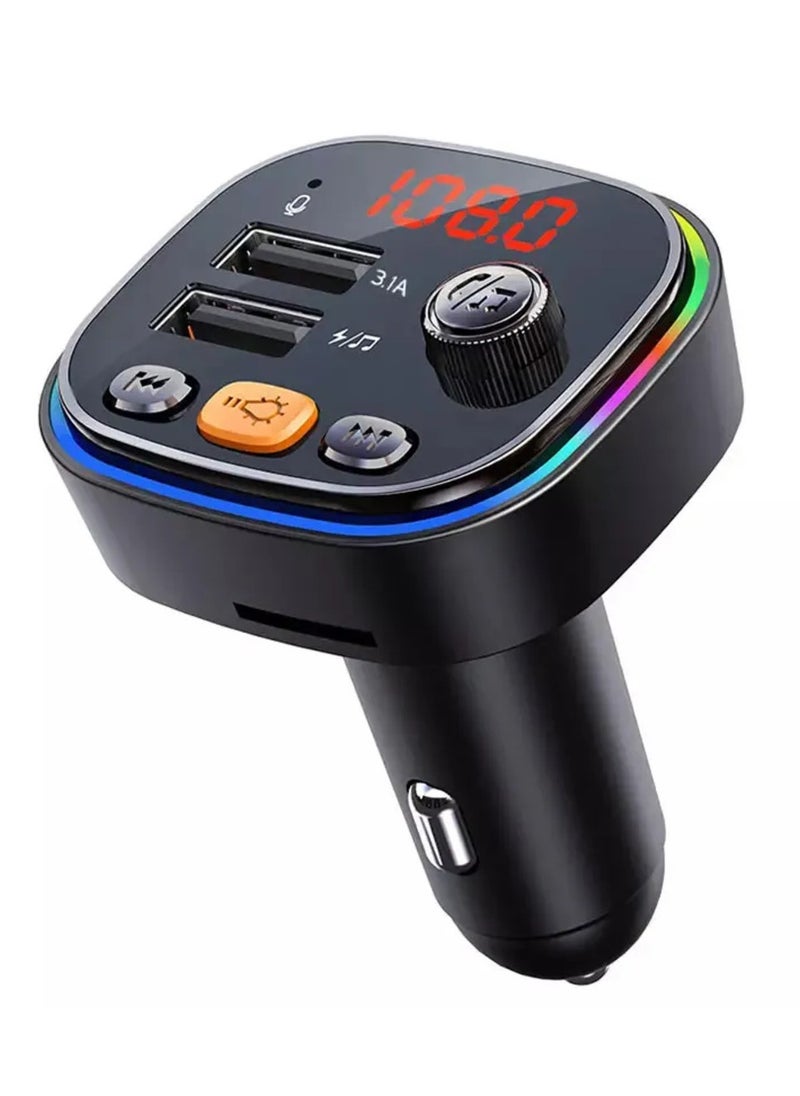 جهاز إرسال FM بتقنية بلوتوث 5.0 للسيارة، محول بلوتوث للسيارة مع شاحن سيارة بمنفذ USB مزدوج ومشغل MP3 يدعم بطاقة TF وقرص USB، إضاءة خلفية LED بـ 7 ألوان، مكالمات بدون استخدام اليدين