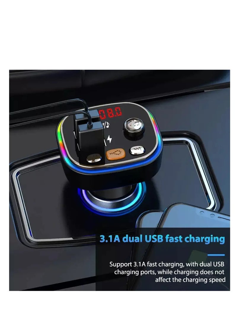 جهاز إرسال FM بتقنية بلوتوث 5.0 للسيارة، محول بلوتوث للسيارة مع شاحن سيارة بمنفذ USB مزدوج ومشغل MP3 يدعم بطاقة TF وقرص USB، إضاءة خلفية LED بـ 7 ألوان، مكالمات بدون استخدام اليدين