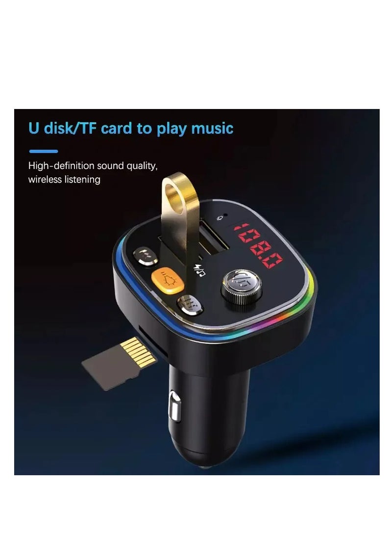 جهاز إرسال FM بتقنية بلوتوث 5.0 للسيارة، محول بلوتوث للسيارة مع شاحن سيارة بمنفذ USB مزدوج ومشغل MP3 يدعم بطاقة TF وقرص USB، إضاءة خلفية LED بـ 7 ألوان، مكالمات بدون استخدام اليدين