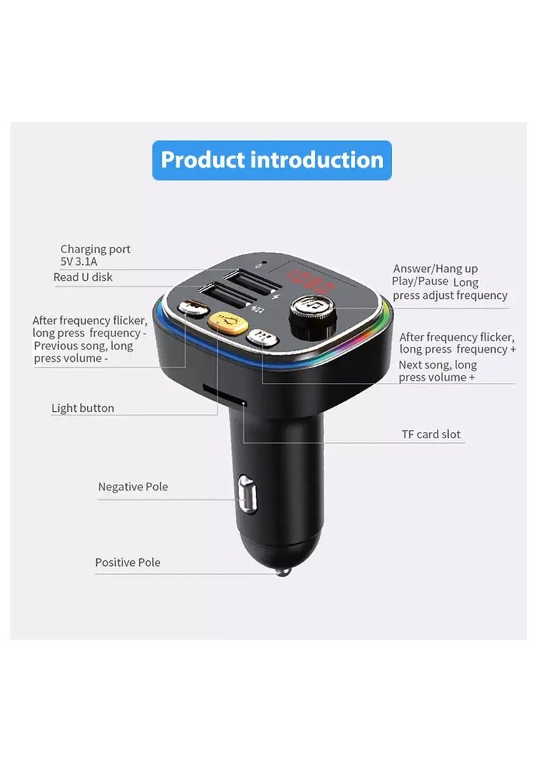 جهاز إرسال FM بتقنية بلوتوث 5.0 للسيارة، محول بلوتوث للسيارة مع شاحن سيارة بمنفذ USB مزدوج ومشغل MP3 يدعم بطاقة TF وقرص USB، إضاءة خلفية LED بـ 7 ألوان، مكالمات بدون استخدام اليدين