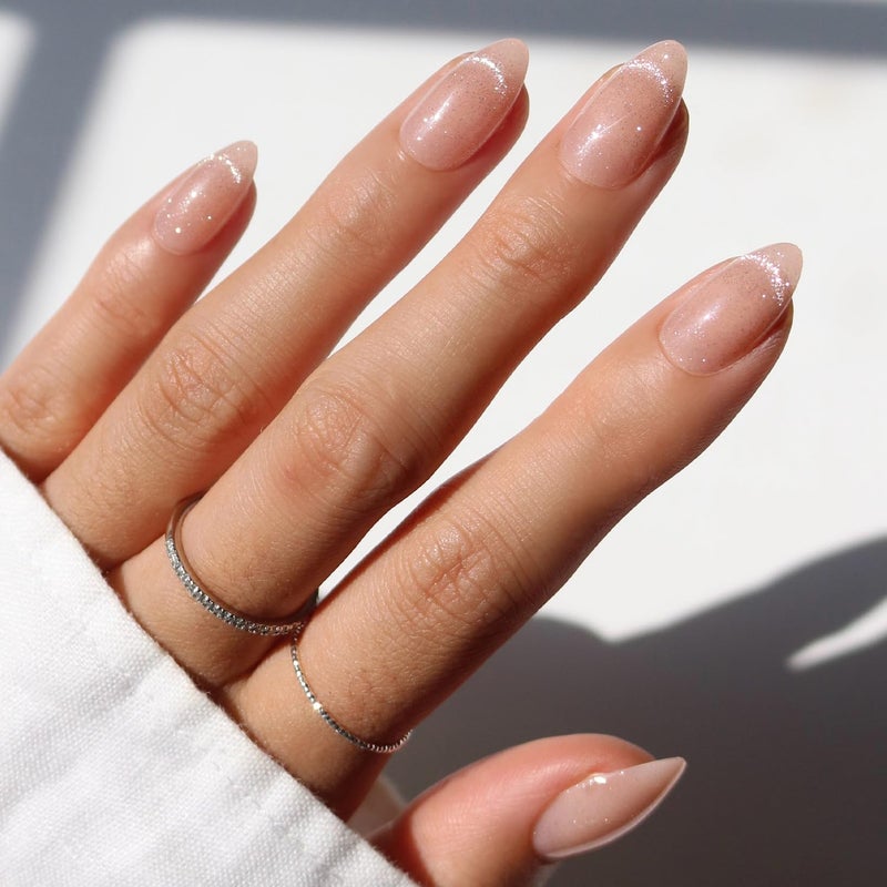 Glamnetic x GLAMZILLA Press On Nails - NOT YOUR CINDER-ELLA | Short Almond Nude Fake Nails with Velvet French Tip Effect, Salon Quality Wedding Nails | 15 Sizes - 30 Nail Kit with Glue - Image 1