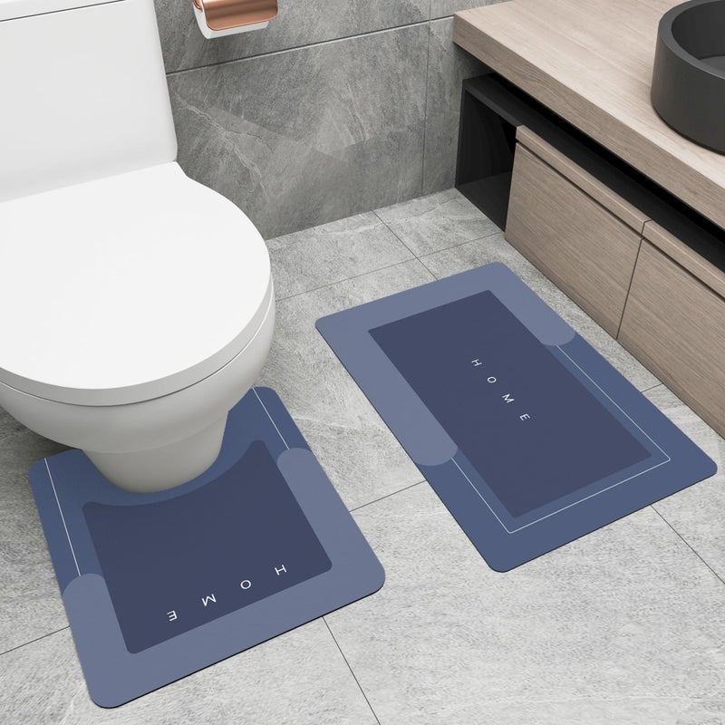 Schweek 2Pcs Absorbent Bath Mat Rug Sets NonSlip Quick Dry Toilet Mat U Shaped Rubber Backed Bath Mat Rug for Tub Shower and Bath Room Blue