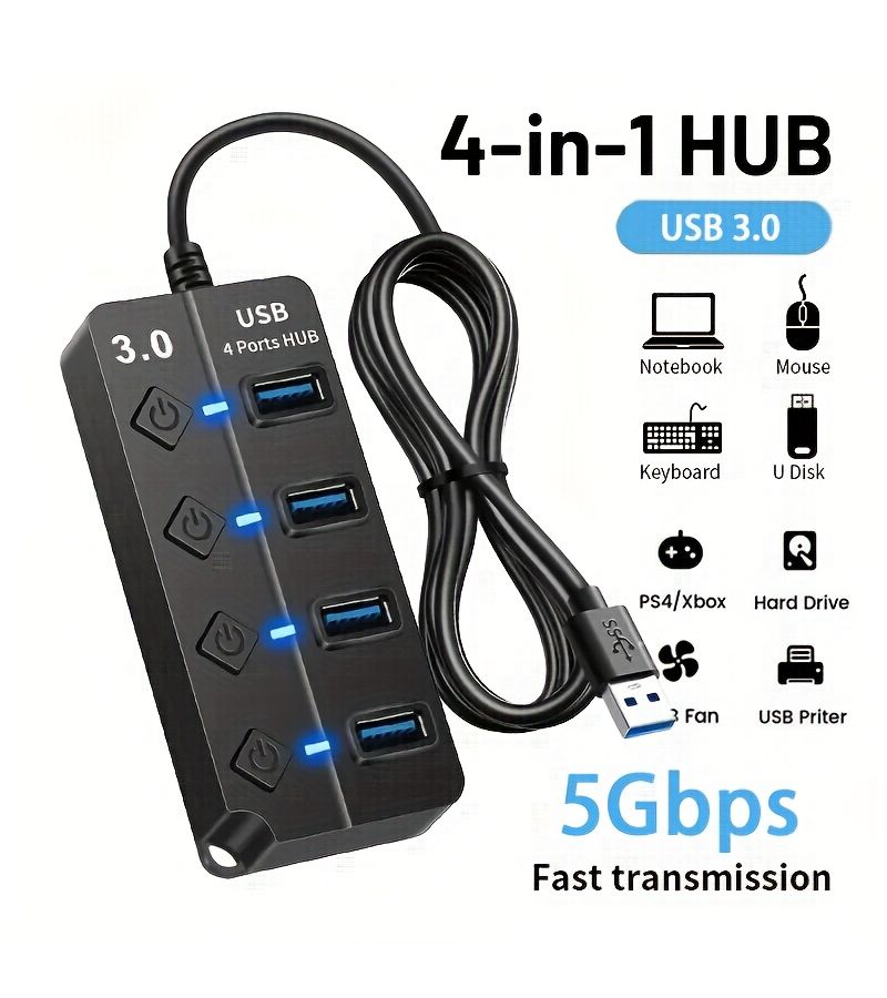 USB Extension 3.0 4-Port Diamond Hub with Switches and LED Cables - Image 1