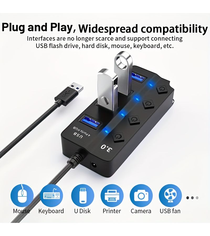 USB Extension 3.0 4-Port Diamond Hub with Switches and LED Cables - Image 4