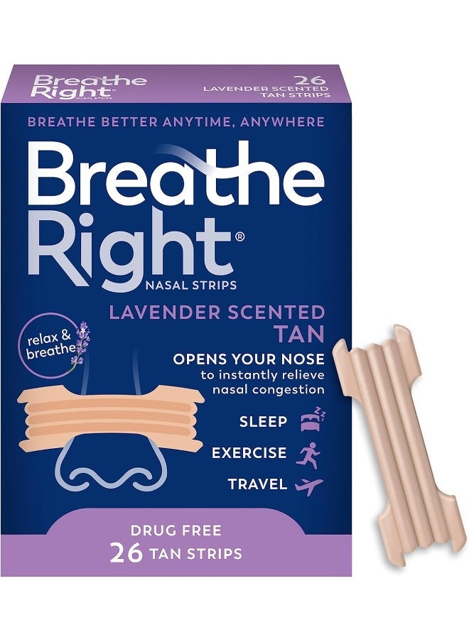 Breathe Right Nasal Strips for Snoring Relief – Calming Lavender Scent – 26 Count – Extra Strength, Drug-Free, Opens Nasal Passages for Better Breathing and Sleep – Non-Prescription - Image 1