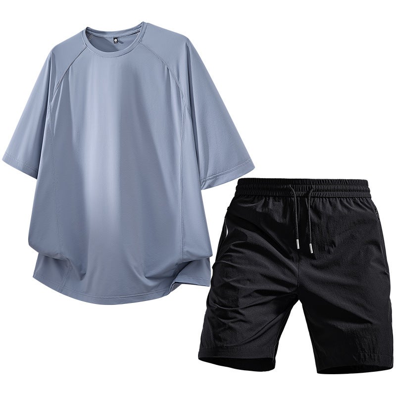 Summer Sports Suit for Men, New Ice Silk Quick-Drying Short-Sleeved Casual Loose-Fitting Pants, Outdoor Fitness Two-Piece Set