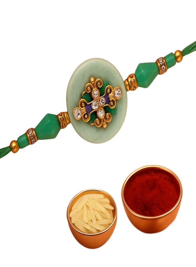 Sage Square Resin Rakhi for Bhai, Brother on Raksha Bandhan | Handmade Designer Resin Art, Thread, Beads & Emotional Bond | Rakhi Gift with Roli Chawal | Traditional Design | Festival Celebration (Type 3) - Image 1