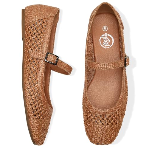 Trary Mary Jane Shoes Women Woven Flats for Women Ballet Flats Shoes Squared Toe Mary Jane Flats Ankle Strap Dressy Comfortable Brown Size 7 - Image 3