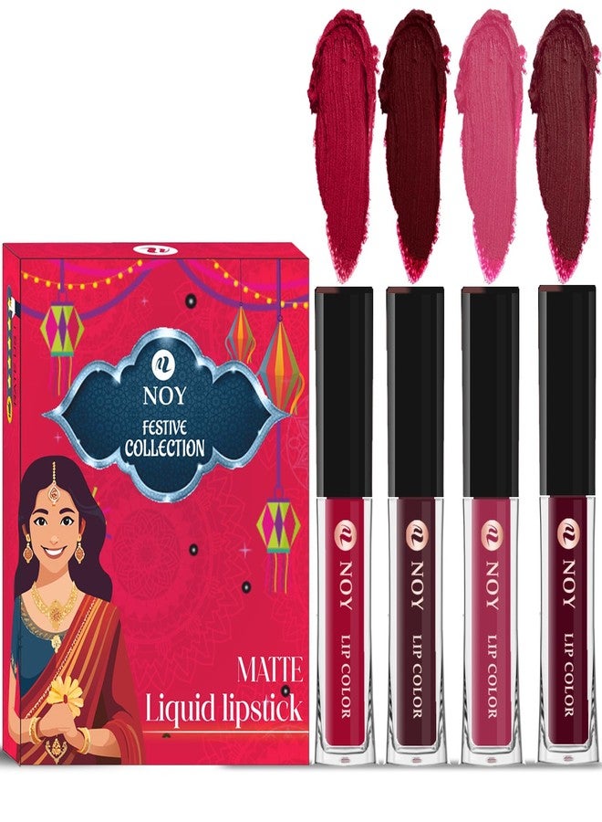 Noy Liquid Matte Lipstick Festival Pack 4 Elegant Colors Cherry Pink, Red, Maroon, Magenta Shades - Image 1