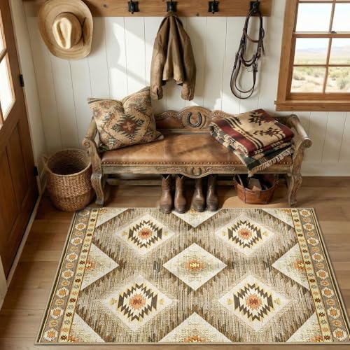 BESTSWEETIE Area Rug 4x6 Rug Machine Washable Non-Slip Low Pile Print Pattern Western Rug for Living Room Bedroom Entryway Tribal Series -Cream/Camel - Image 1