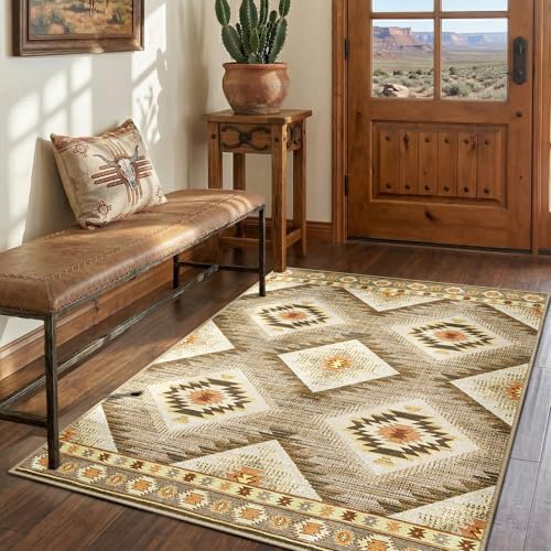 BESTSWEETIE Area Rug 4x6 Rug Machine Washable Non-Slip Low Pile Print Pattern Western Rug for Living Room Bedroom Entryway Tribal Series -Cream/Camel - Image 2