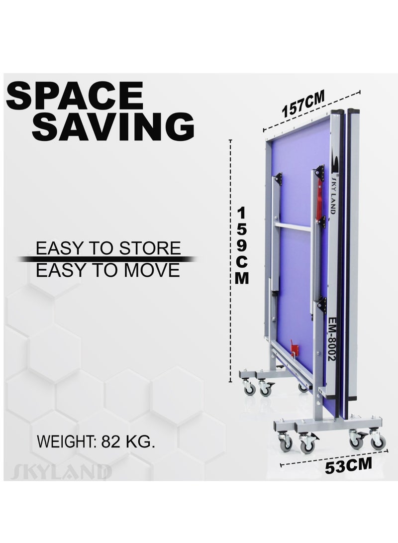 سكاي لاند طاولة تنس الطاولة بحجم رسمي EM-8002 | طاولة بينج بونج داخلية بتصميم قابل للطي | عجلات قفل كبيرة الحجم | محمولة ومضغوطة للمنزل أو المكتب أو الترفيه | طاولة تنس الطاولة مع الشبكة والمضارب مضمنة - Image 2